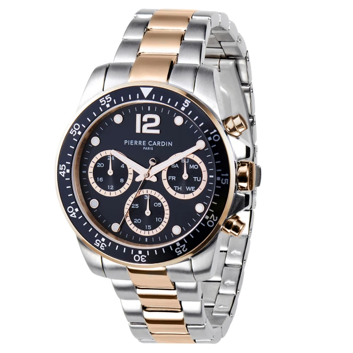 Мъжки ръчен часовник с кварцов механизъм - корпус от Стомана - Стоманена верижка - цвят Черен Розово Злато