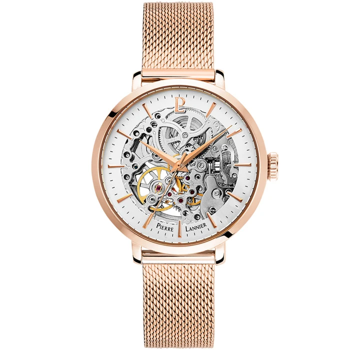 Дамски ръчен часовник с автоматичен механизъм - корпус от Стомана - Меш - цвят Скелетон Розово Злато
