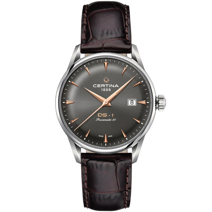 Мъжки ръчен часовник с автоматичен механизъм - корпус от Стомана - Естествена кожа - цвят Сив Кафяв