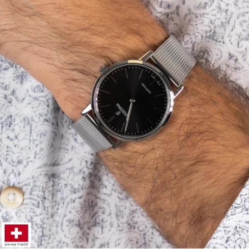 Мъжки ръчен часовник с кварцов механизъм - корпус от Стомана - Меш - цвят Черен