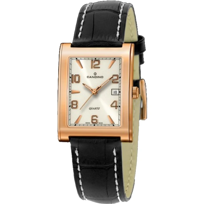 Мъжки ръчен часовник с кварцов механизъм - корпус от Розово злато - Естествена кожа - цвят Бял