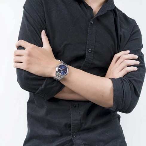 Мъжки ръчен часовник с автоматичен механизъм - корпус от Стомана - Стоманена верижка - цвят Син Сив