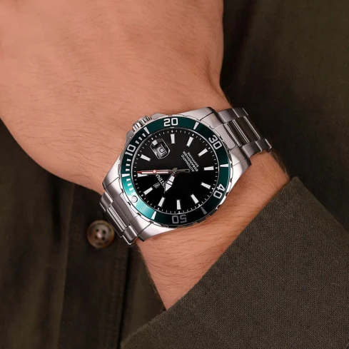 Мъжки ръчен часовник с автоматичен механизъм - корпус от Стомана - Стоманена верижка - цвят Черен