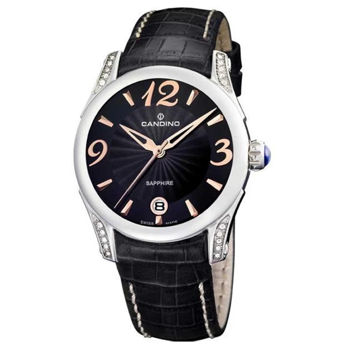 Дамски ръчен часовник с кварцов механизъм - корпус от Стомана - Естествена кожа - цвят Черен Бял