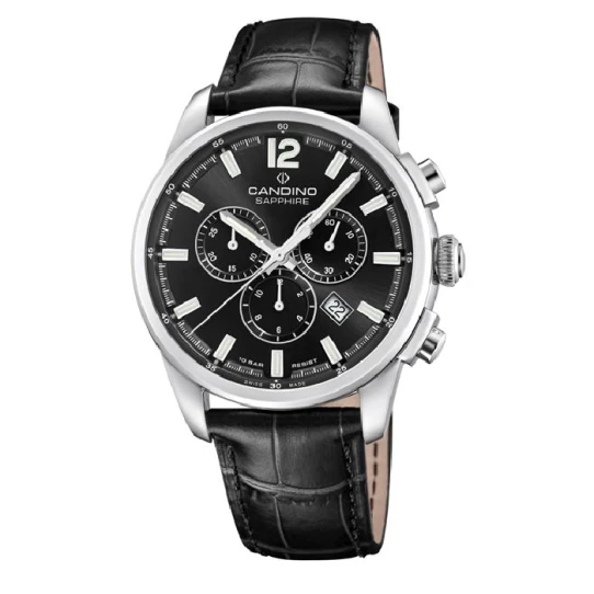 Мъжки ръчен часовник с кварцов механизъм - корпус от Стомана - Естествена кожа - цвят Черен