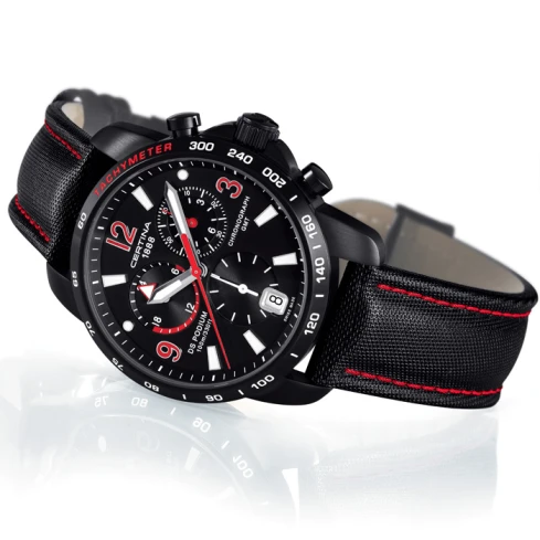 Мъжки ръчен часовник с кварцов механизъм - корпус от Стомана - Текстил и естествена кожа - цвят Черен Червен