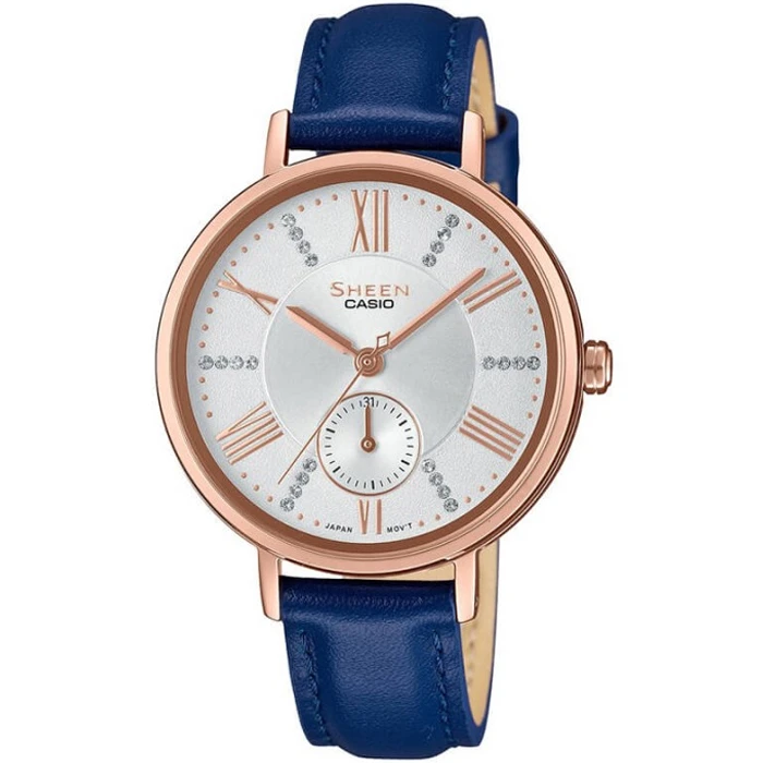 Дамски ръчен часовник с кварцов механизъм - корпус от Стомана - Естествена кожа - цвят Сребрист Син