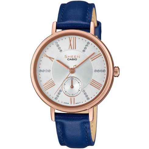 Дамски ръчен часовник с кварцов механизъм - корпус от Стомана - Естествена кожа - цвят Сребрист Син