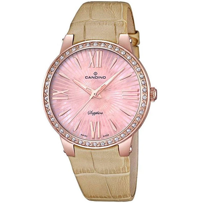 Дамски ръчен часовник с кварцов механизъм - корпус от Стомана - Естествена кожа - цвят Розов Бежов