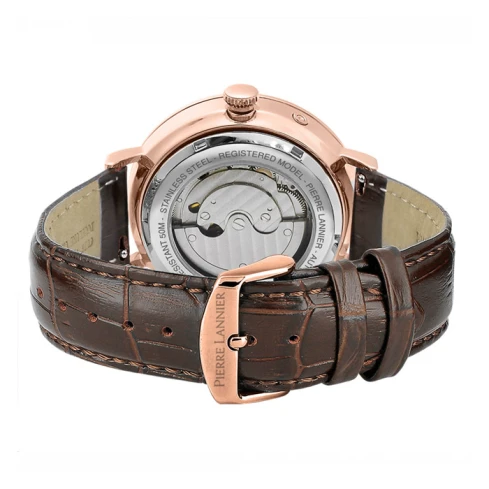 Мъжки ръчен часовник с автоматичен механизъм - корпус от Стомана - Естествена кожа - цвят Бял Кафяв