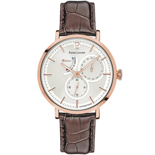 Мъжки ръчен часовник с автоматичен механизъм - корпус от Стомана - Естествена кожа - цвят Бял Кафяв