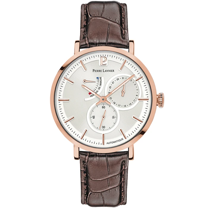Мъжки ръчен часовник с автоматичен механизъм - корпус от Стомана - Естествена кожа - цвят Бял Кафяв