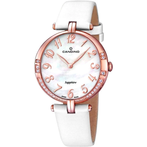 Дамски ръчен часовник с кварцов механизъм - корпус от Стомана - Естествена кожа - цвят Седеф Бял