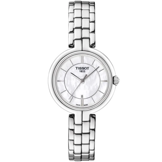 Tissot T094.210.11.111.00 Flamingo - Дамски ръчен часовник с кварцов механизъм - корпус от Стомана - Стоманена верижка - цвят Седеф Сив