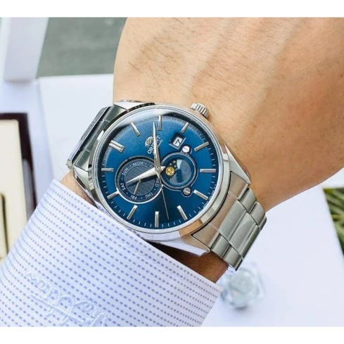 Мъжки ръчен часовник с автоматичен механизъм - корпус от Стомана - Стоманена верижка - цвят Син Сив