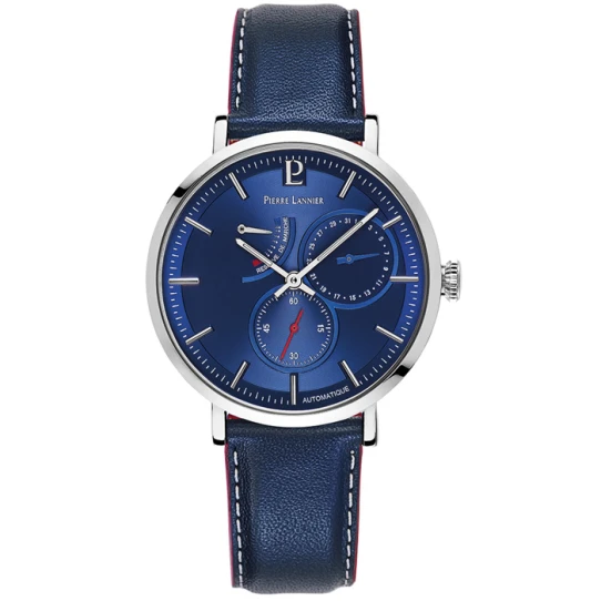 Мъжки ръчен часовник с автоматичен механизъм - корпус от Стомана - Естествена кожа - цвят Син Син