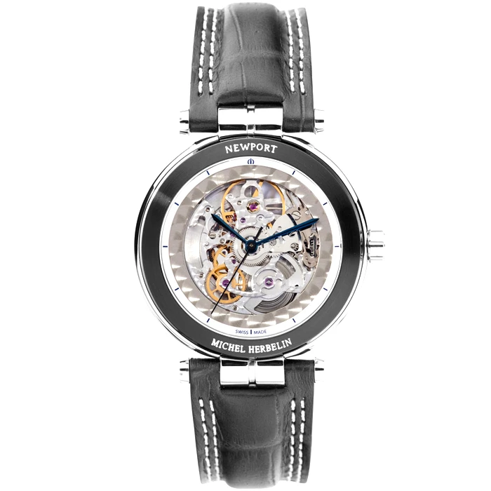 Мъжки ръчен часовник с автоматичен механизъм - корпус от Стомана - Естествена кожа - цвят Скелетон Бял