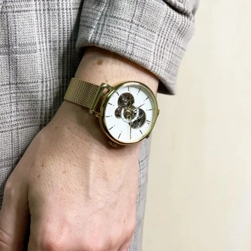 Дамски ръчен часовник с автоматичен механизъм - корпус от Стомана - Меш - цвят Бял Злато
