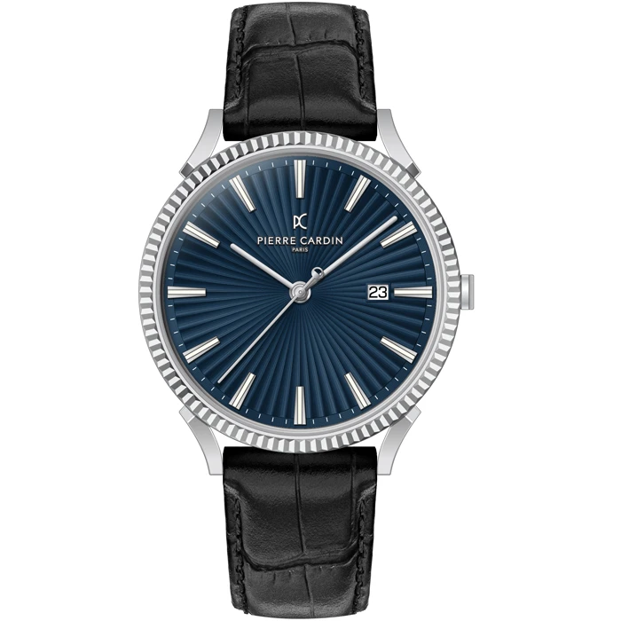 Мъжки ръчен часовник с кварцов механизъм - корпус от Стомана - Естествена кожа - цвят Син Черен