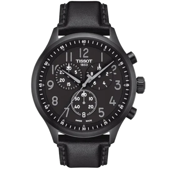 Мъжки ръчен часовник с кварцов механизъм - корпус от Стомана - Естествена кожа - цвят Черен Черен