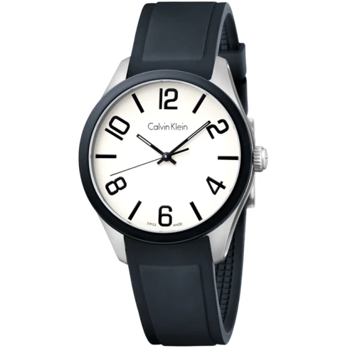 Calvin Klein K5E51CB2 Color - Дамски ръчен часовник с кварцов механизъм - корпус от Стомана и алуминий - Силиконова каишка - цвят Бял Черен