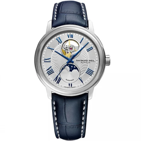 Мъжки ръчен часовник с автоматичен механизъм - корпус от Стомана - Естествена кожа - цвят Сребрист Син