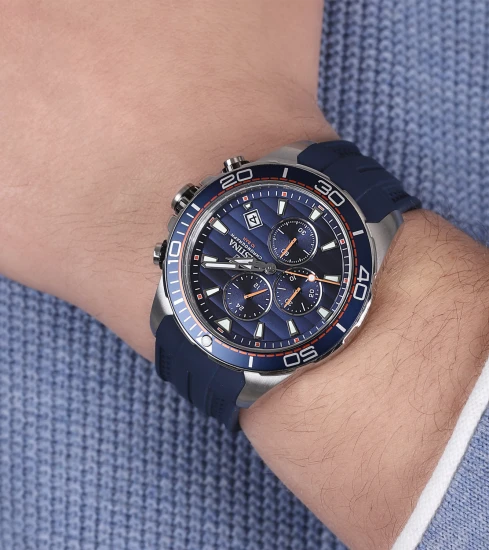 Мъжки ръчен часовник с кварцов механизъм - корпус от Стомана - Силиконова каишка - цвят Син Син