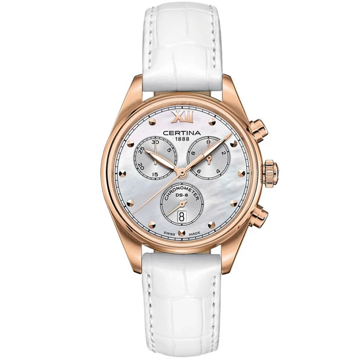 Дамски ръчен часовник с кварцов механизъм - корпус от Стомана - Естествена кожа - цвят Седеф Бял