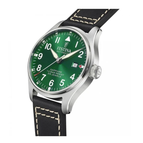 Мъжки ръчен часовник с автоматичен механизъм - корпус от Стомана - Естествена кожа - цвят Зелен Бял