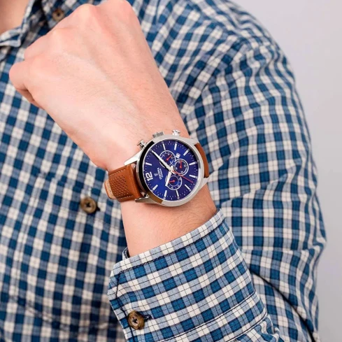 Мъжки ръчен часовник с кварцов механизъм - корпус от Стомана - Естествена кожа - цвят Син Кафяв