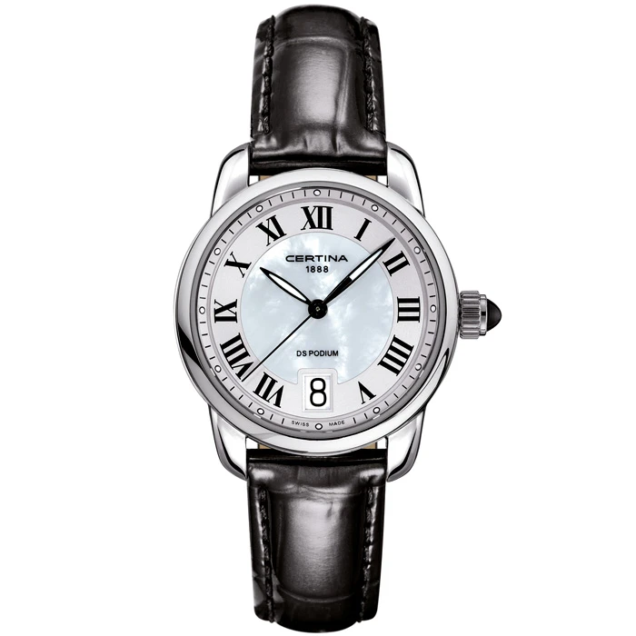 Дамски ръчен часовник с кварцов механизъм - корпус от Стомана - Естествена кожа - цвят Седеф Черен