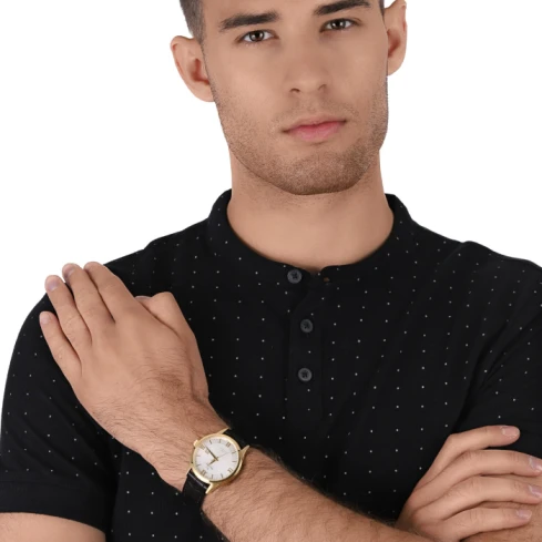 Мъжки ръчен часовник с кварцов механизъм - корпус от Стомана и злато 18К - Естествена кожа - цвят Бял