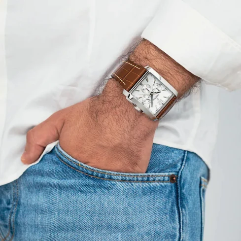 Мъжки ръчен часовник с кварцов механизъм - корпус от Стомана - Естествена кожа - цвят Бял Кафяв