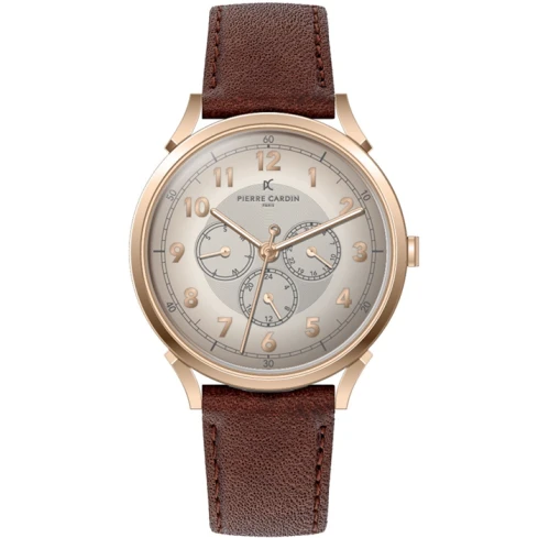 Мъжки ръчен часовник с кварцов механизъм - корпус от Стомана - Естествена кожа - цвят Бежов Кафяв