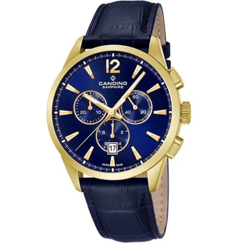 Мъжки ръчен часовник с кварцов механизъм - корпус от Стомана - Естествена кожа - цвят Син Син