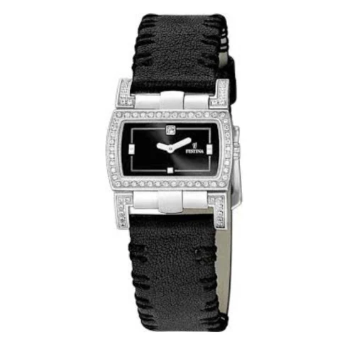 Дамски ръчен часовник с кварцов механизъм - корпус от Стомана - Естествена кожа - цвят Черен Черен