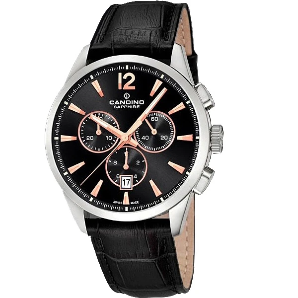 Мъжки ръчен часовник с кварцов механизъм - корпус от Стомана - Естествена кожа - цвят Черен Черен