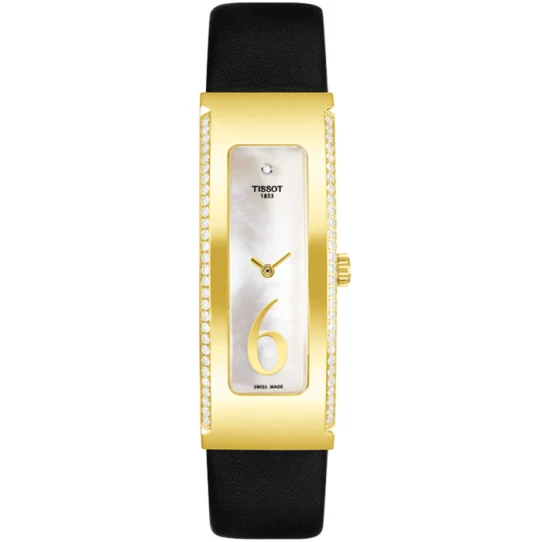 Дамски ръчен часовник с кварцов механизъм - корпус от Жълто злато 18К - Естествена кожа - цвят Седеф Черен