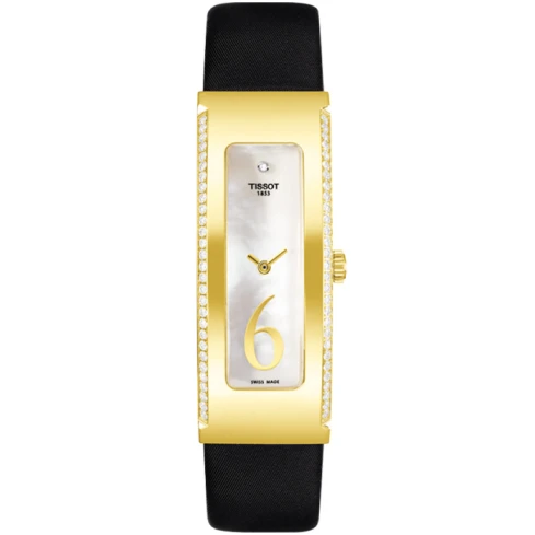 Дамски ръчен часовник с кварцов механизъм - корпус от Жълто злато 18К - Естествена кожа - цвят Седеф Черен