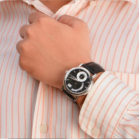 Мъжки ръчен часовник с кварцов механизъм - корпус от Стомана - Естествена кожа - цвят Черен Черен