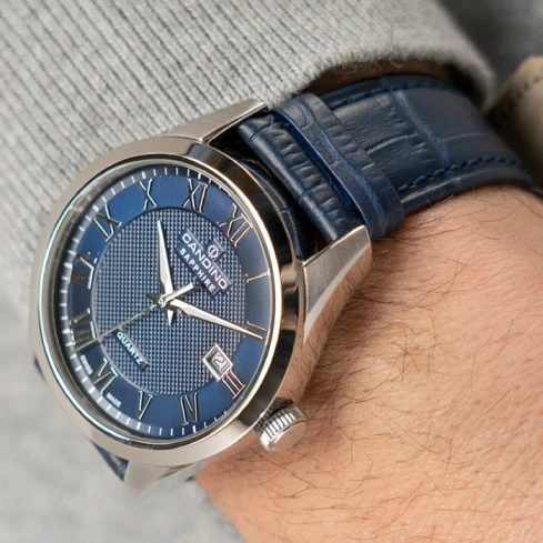 Мъжки ръчен часовник с кварцов механизъм - корпус от Стомана - Естествена кожа - цвят Син