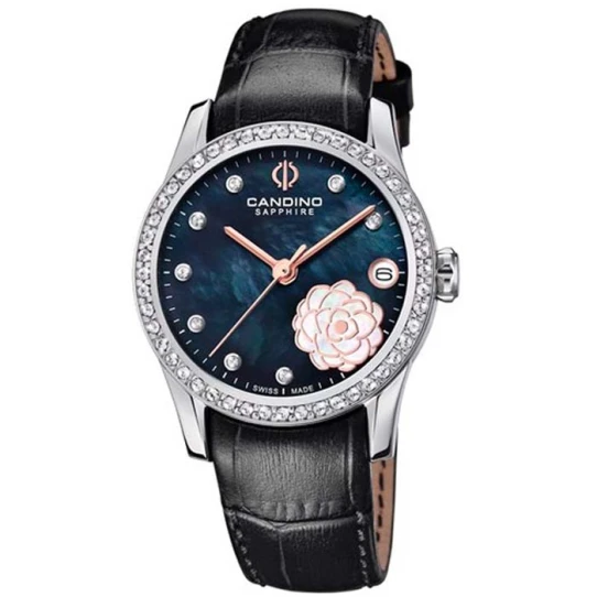 Дамски ръчен часовник с кварцов механизъм - корпус от Стомана - Естествена кожа - цвят Седеф Черен