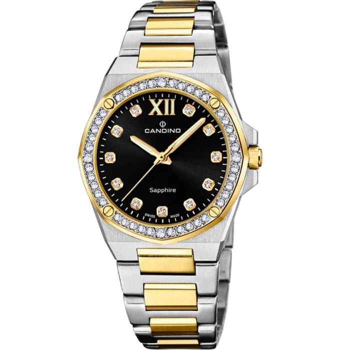 Дамски ръчен часовник с кварцов механизъм - корпус от Стомана и злато 18К - Стоманена верижка - цвят Черен