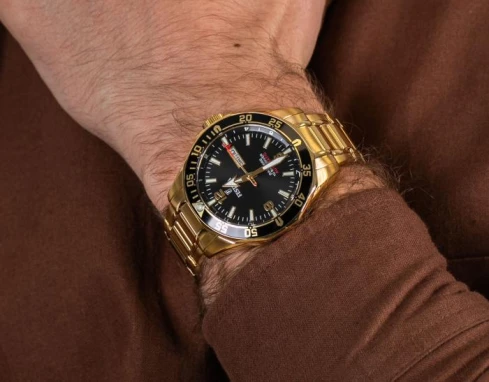 Мъжки ръчен часовник с автоматичен механизъм - корпус от Стомана - Стоманена верижка - цвят Черен Злато