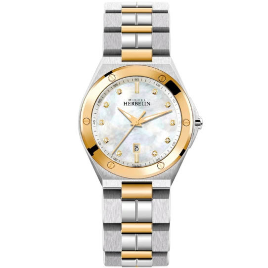 Дамски ръчен часовник с кварцов механизъм - корпус от Стомана - Стоманена верижка - цвят Седеф Злато