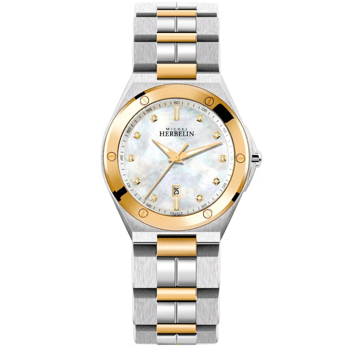 Дамски ръчен часовник с кварцов механизъм - корпус от Стомана - Стоманена верижка - цвят Седеф Злато