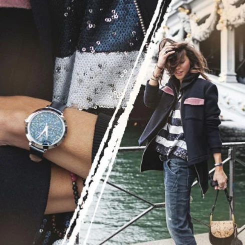 Дамски ръчен часовник с кварцов механизъм - корпус от Стомана - Естествена кожа - цвят Зелен Черен