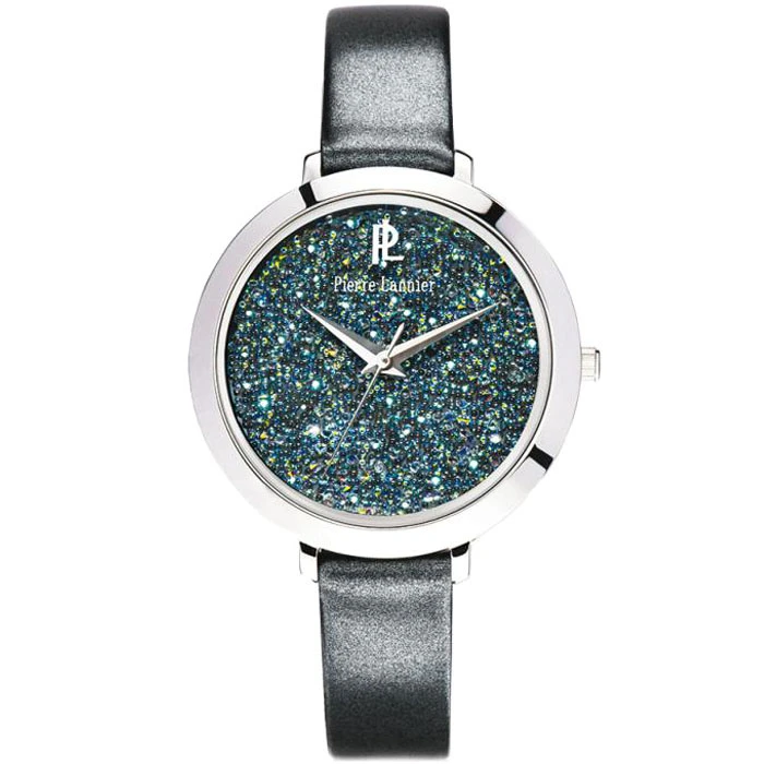 Дамски ръчен часовник с кварцов механизъм - корпус от Стомана - Естествена кожа - цвят Зелен Черен