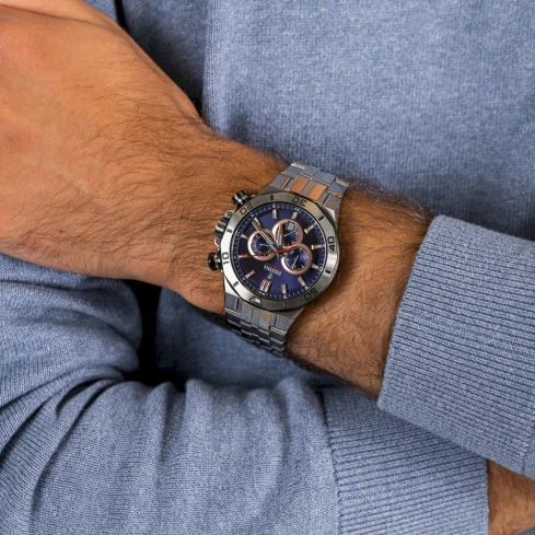 Мъжки ръчен часовник с кварцов механизъм - корпус от Стомана - Стоманена верижка - цвят Син Сив