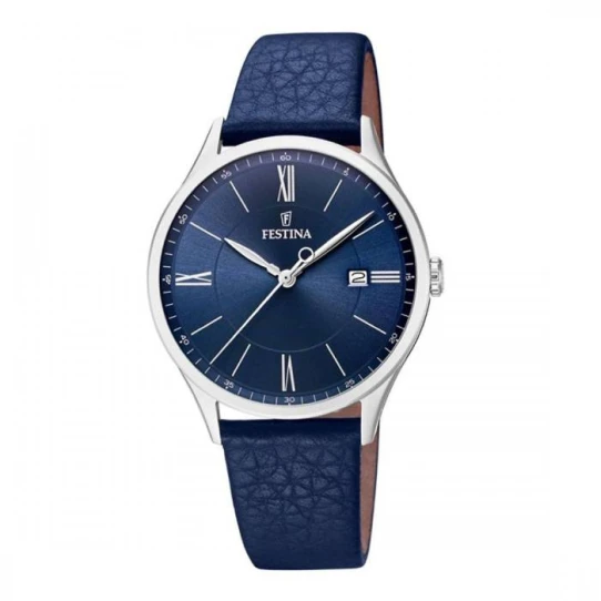 Мъжки ръчен часовник с кварцов механизъм - корпус от Стомана - Естествена кожа - цвят Син Син